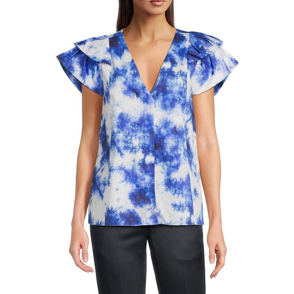 Jason Wu Blue Abstract-Print Flutter-Sleeve Blouse Button Up V-Neck Top Size 0
